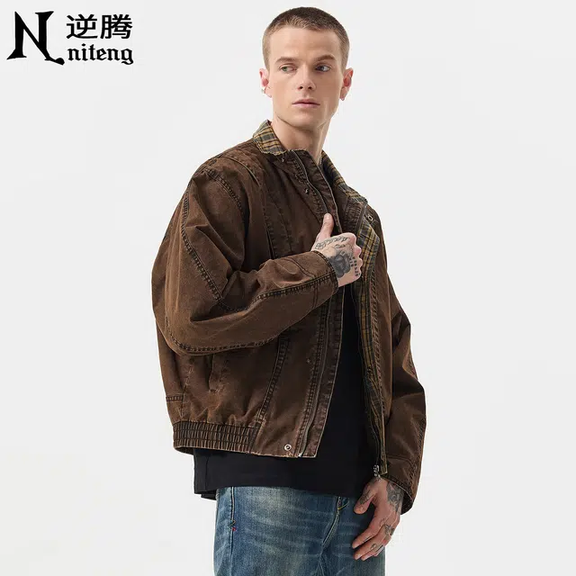 逆腾 秋季复古夹克男潮牌美式立领宽松男士痞帅短款纯棉工装牛仔外套 男款
