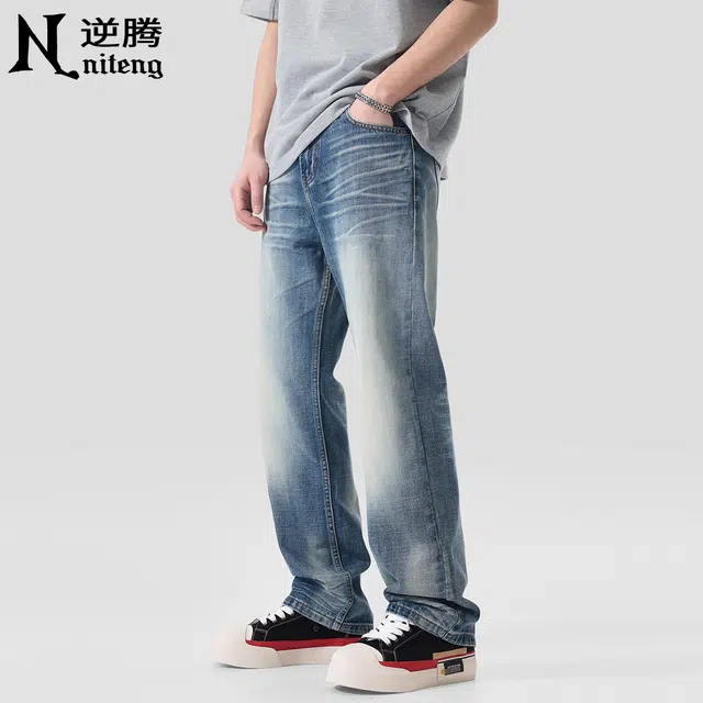 逆腾 时尚百搭潮牌水洗高街阔腿牛仔裤 男款 复古蓝