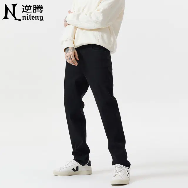 逆腾 秋季长裤子男美式潮牌四面弹直筒裤男士水洗修身小脚牛仔裤 男女同款