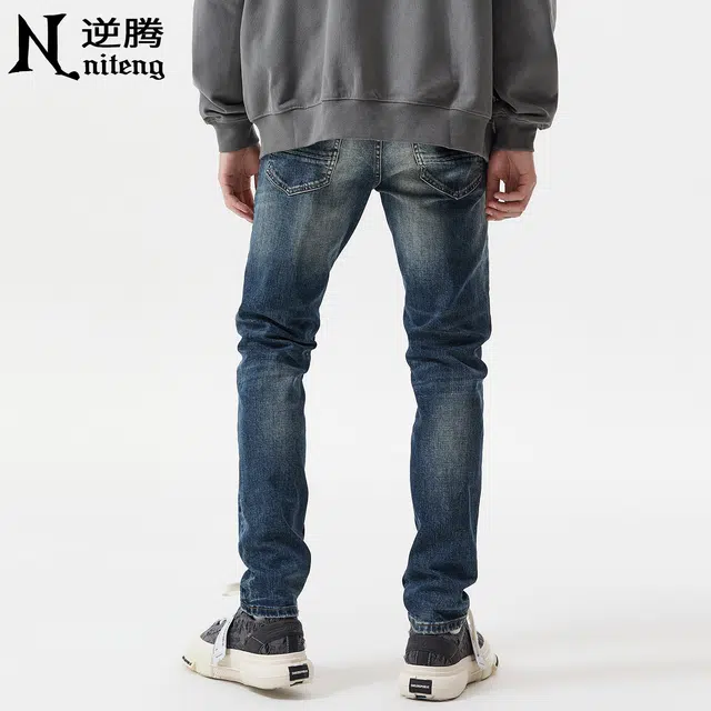 逆腾 秋季莱卡长裤男破洞补丁直筒裤子男士高街复古修身小脚牛仔裤 男款