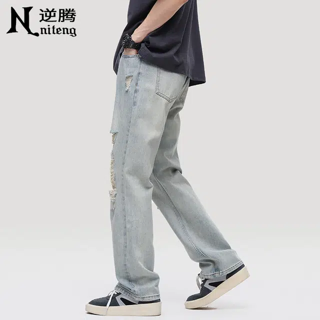 逆腾 破洞潮牌舒适阔腿宽松牛仔裤 男女同款 浅蓝色