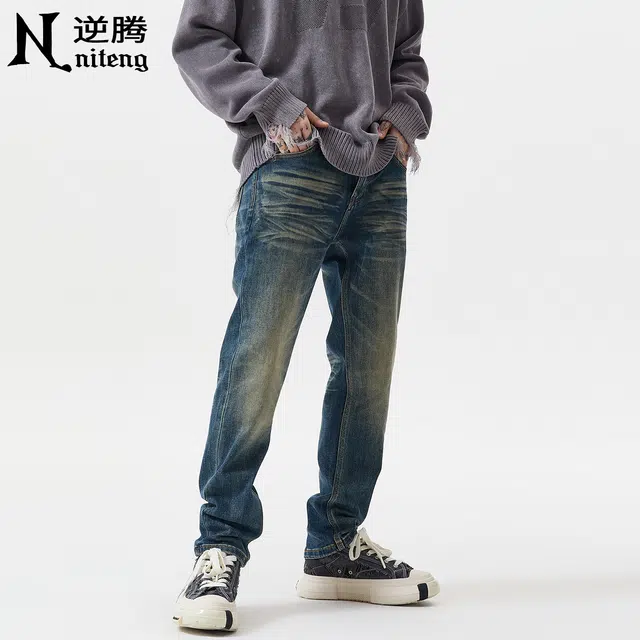 逆腾 秋季复古小脚裤子男美式做旧重工水洗修身小直筒牛仔裤 男款