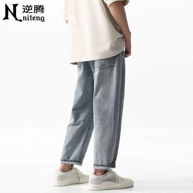 逆腾 潮牌破洞直筒牛仔裤 男款 蓝色