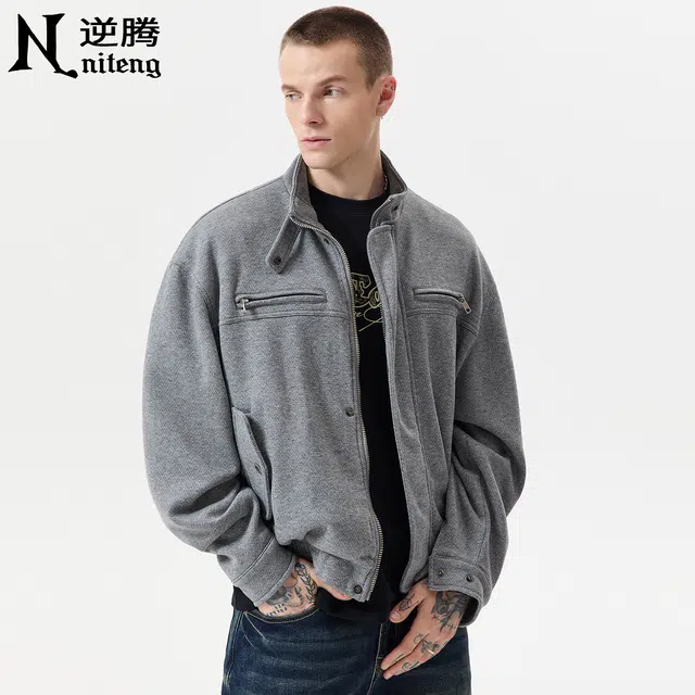 逆腾 秋季羊毛混纺休闲外套男美式潮牌宽松男士短款高级感立领毛呢夹克 男女同款