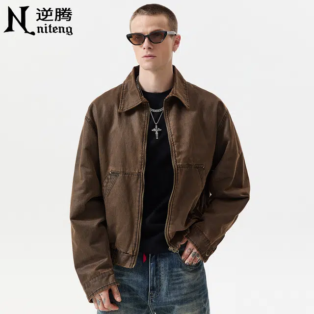 逆腾 秋季巴安油蜡皮工装外套男美式复古宽松短款男士休闲翻领夹克 男女同款