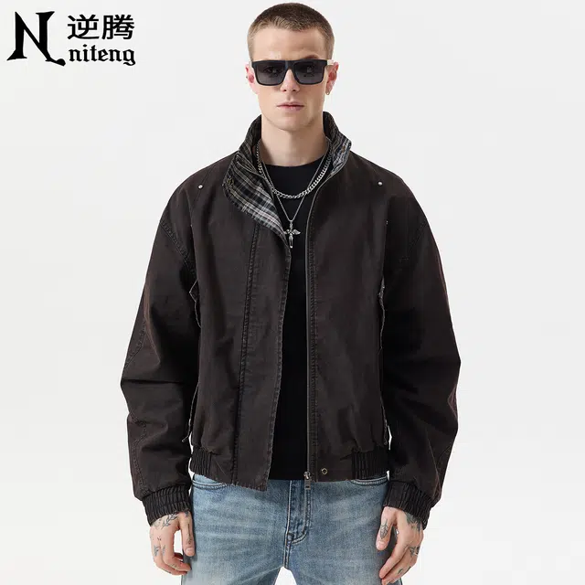 逆腾 秋季复古立领工装外套男潮牌宽松男士痞帅短款纯棉机车夹克 男女同款