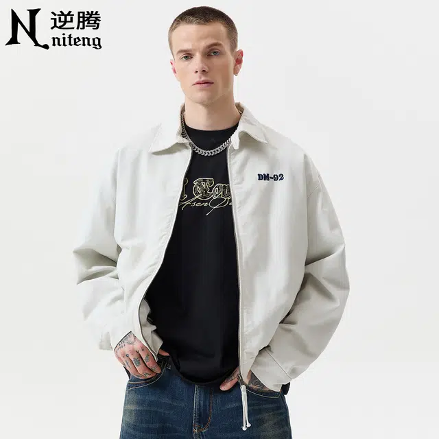 逆腾 秋季痞帅风美式休闲外套男宽松潮牌翻领男士短款百搭工装夹克 男女同款