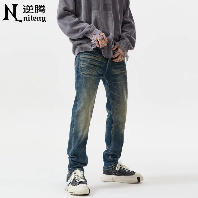 逆腾 秋季复古小脚裤子男美式做旧重工水洗修身小直筒牛仔裤 男款