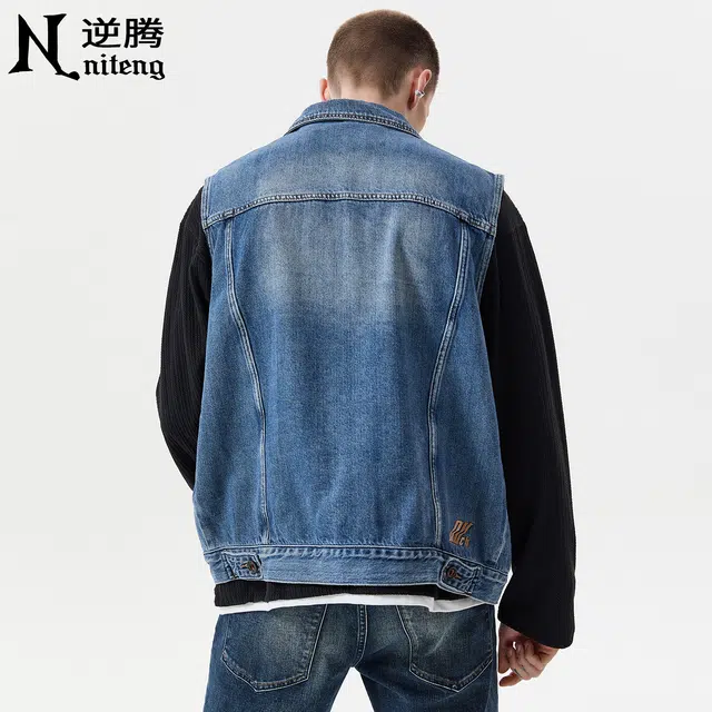 逆腾 秋季复古牛坎肩背心男美式宽松无袖工装外套男士百搭牛仔马甲 男女同款