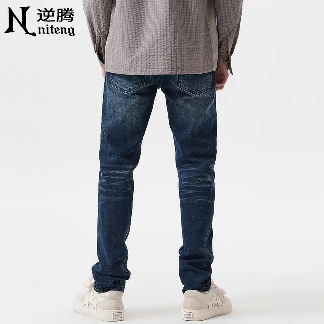 逆腾 秋季弹力长裤子男美式修身直筒男裤水洗商务通勤男士小脚牛仔裤 男款