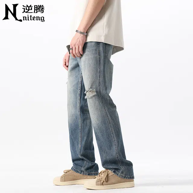 逆腾 潮牌破洞舒适百搭直筒牛仔裤 男款 蓝色