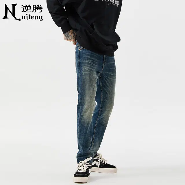 逆腾 秋季复古长裤男潮牌美式修身裤子男士耐磨水洗直筒小脚牛仔裤 男款