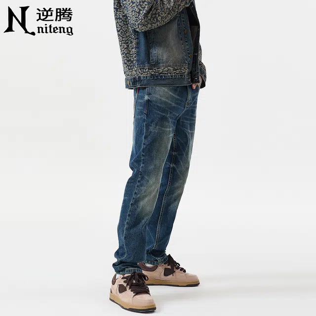 逆腾 秋季弹力长裤男潮牌耐磨修身直筒男裤美式刮烂小脚牛仔裤 男款