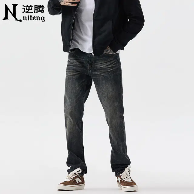 逆腾 逆腾裤男潮牌修身裤子男士潮流水洗复古直筒美式百搭小脚牛仔裤 男款