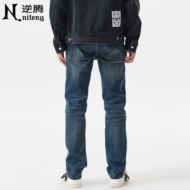 逆腾 逆腾破洞补丁裤男美式高街修身裤子男士潮牌水洗复古直筒小脚牛仔裤 男款