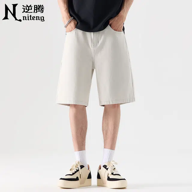 逆腾 夏季米白色中裤男潮牌美式四面弹宽松五分裤男士百搭直筒牛仔短裤 男女同款