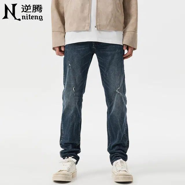 逆腾 秋季小破洞长裤男潮牌莱卡修身小直筒男士复古水洗小脚牛仔裤 男款