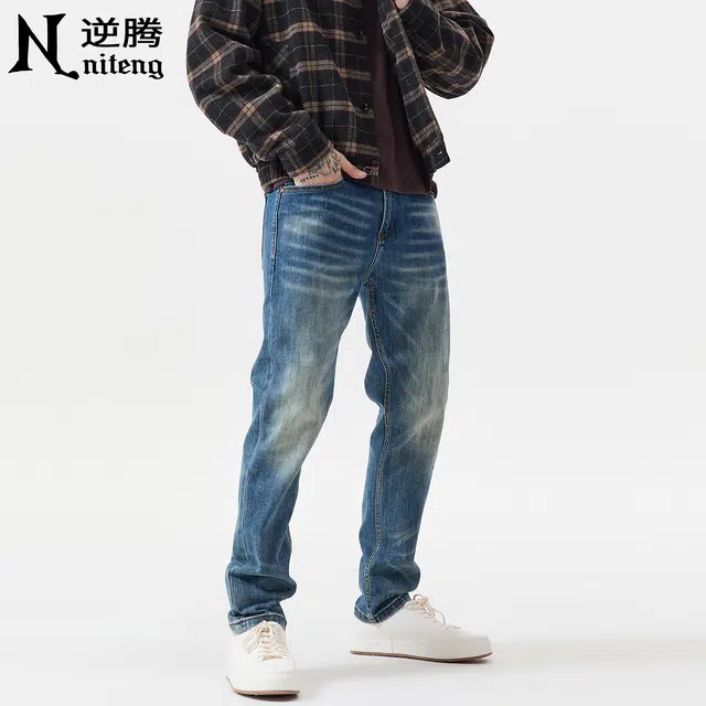 逆腾 秋季复古长裤男美式修身直筒裤子男士水洗猫须刮烂小脚牛仔裤 男款