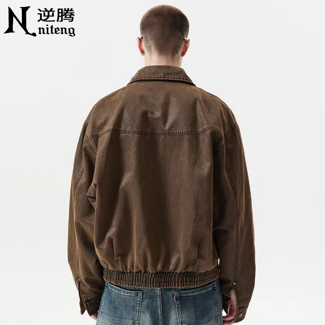 逆腾 秋季巴安油蜡皮工装外套男美式复古宽松短款男士休闲翻领夹克 男女同款