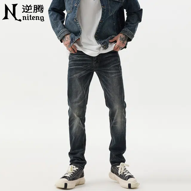 逆腾 逆腾复古裤男美式弹力修身直筒裤子男士潮牌水洗猫须百搭直筒牛仔裤 男款