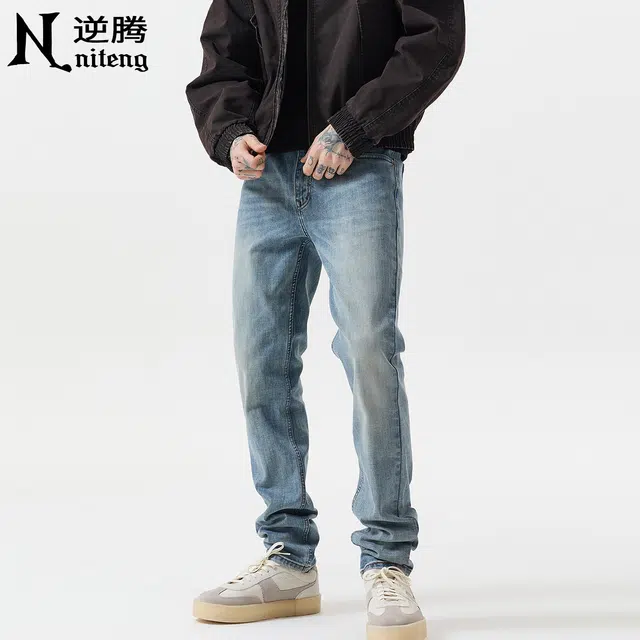 逆腾 逆腾裤男美式修身直筒裤子男士潮牌高街复古水洗小脚牛仔裤 男款