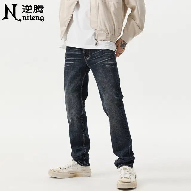 逆腾 逆腾复古长裤男潮流修身直筒裤子男士潮牌高街水洗美式弹力小脚牛仔裤 男款