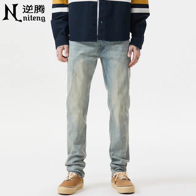 逆腾 秋季美式高街长裤男黄泥色复古修身裤子男士耐磨直筒小脚牛仔裤 男款