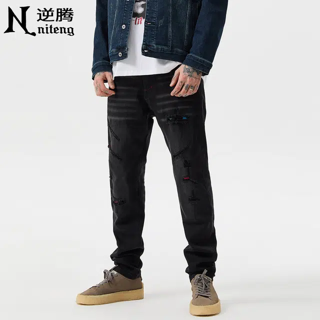 逆腾 秋季破洞补丁裤子男美式修身男士痞帅水洗直筒小脚牛仔裤 男款