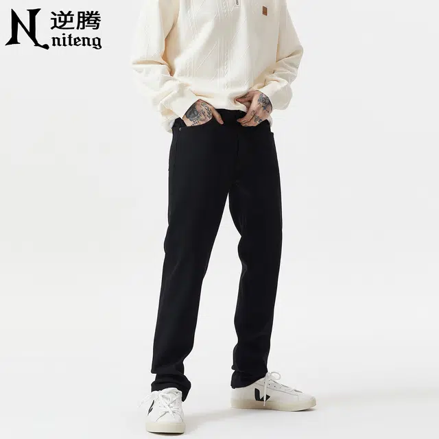 逆腾 秋季长裤子男美式潮牌四面弹直筒裤男士水洗修身小脚牛仔裤 男女同款