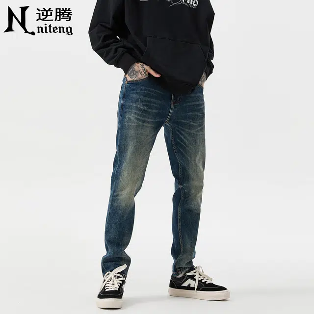 逆腾 秋季复古长裤男潮牌美式修身裤子男士耐磨水洗直筒小脚牛仔裤 男款
