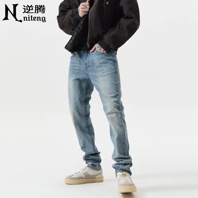 逆腾 逆腾裤男美式修身直筒裤子男士潮牌高街复古水洗小脚牛仔裤 男款