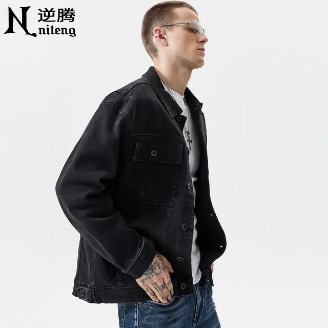 逆腾 秋季翻领夹克男潮牌美式复古宽松男士水洗工装牛仔外套 男女同款
