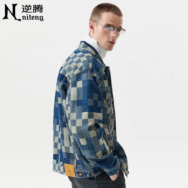 逆腾 秋季复古棋盘格工装夹克男潮牌宽松休闲男士纯棉痞帅牛仔外套 男女同款