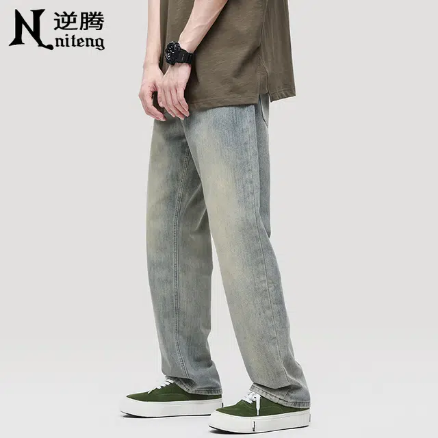 逆腾 潮牌直筒垂感阔腿牛仔裤 男款 复古蓝