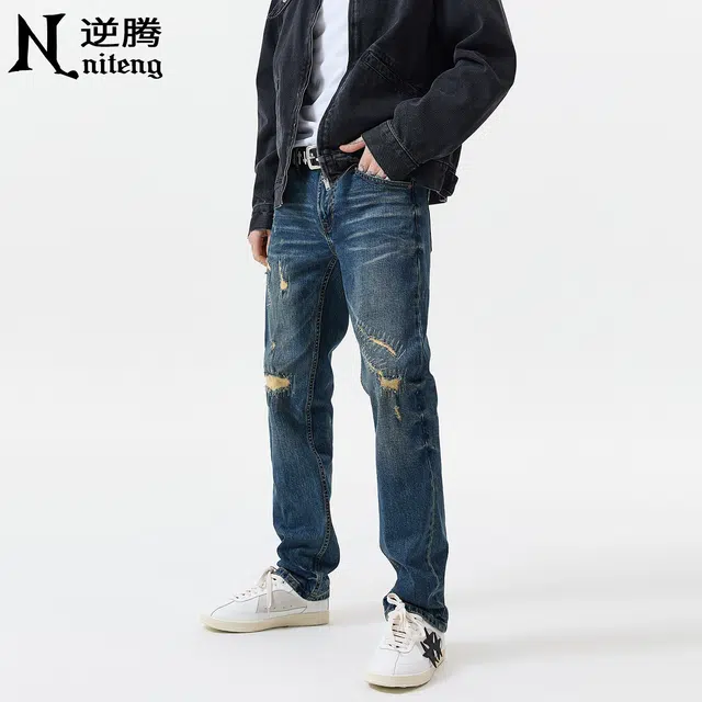 逆腾 逆腾破洞补丁裤男美式高街修身裤子男士潮牌水洗复古直筒小脚牛仔裤 男款