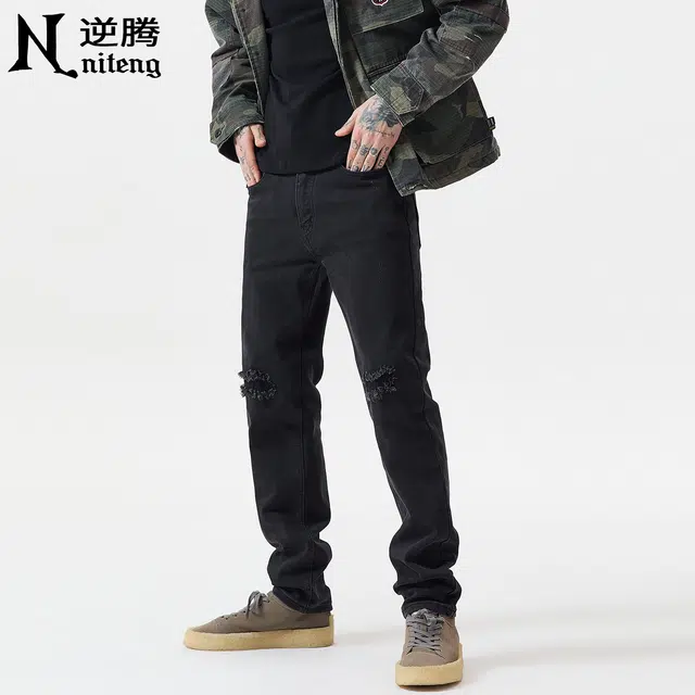 逆腾 秋季黑色破洞长裤男美式高街直筒裤子男士痞帅修身小脚牛仔裤 男款