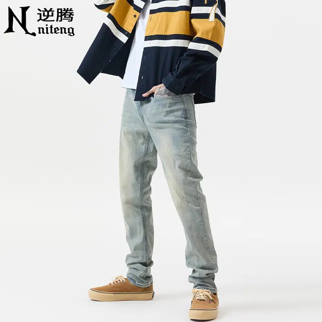 逆腾 秋季美式高街长裤男黄泥色复古修身裤子男士耐磨直筒小脚牛仔裤 男款