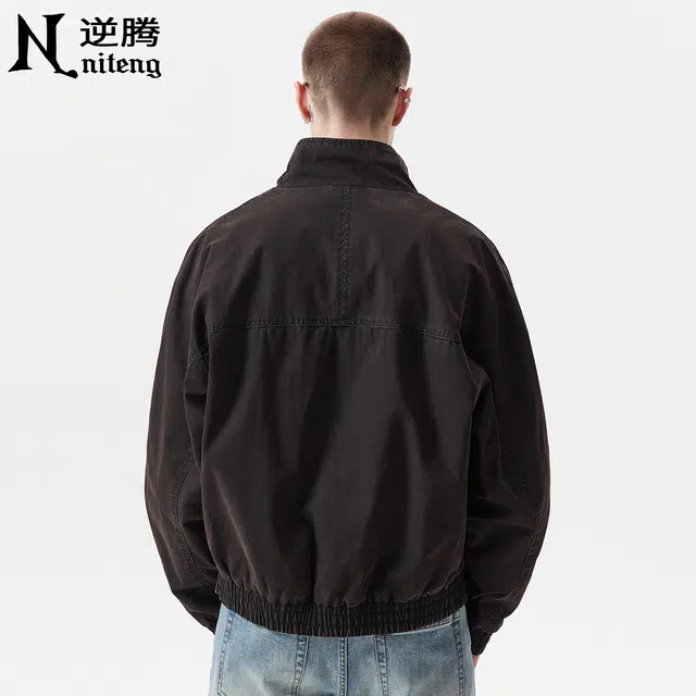 逆腾 秋季复古立领工装外套男潮牌宽松男士痞帅短款纯棉机车夹克 男女同款