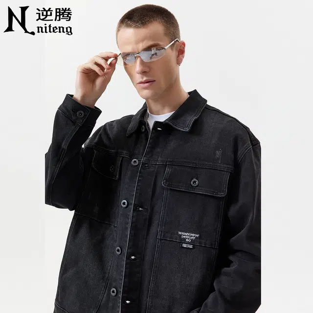 逆腾 秋季翻领夹克男潮牌美式复古宽松男士水洗工装牛仔外套 男女同款