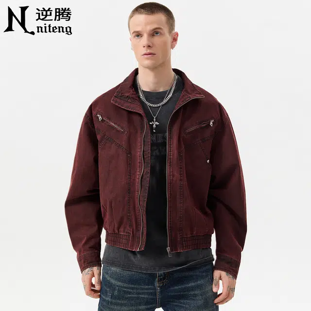 逆腾 秋季美式复古夹克男潮牌宽松水洗男士重磅短款工装牛仔外套 男款