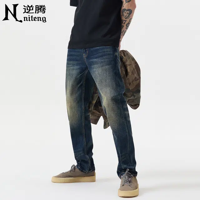 逆腾 秋季长裤男美式直筒男士复古重工水洗做旧修身小脚牛仔裤 男款