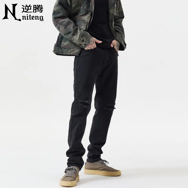 逆腾 秋季黑色破洞长裤男美式高街直筒裤子男士痞帅修身小脚牛仔裤 男款