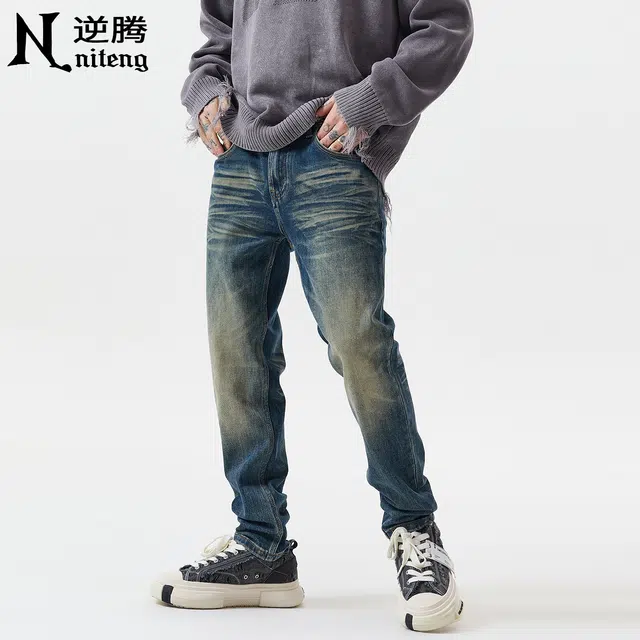 逆腾 秋季复古小脚裤子男美式做旧重工水洗修身小直筒牛仔裤 男款