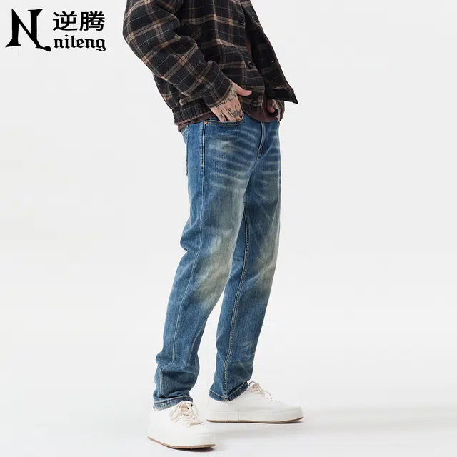 逆腾 秋季复古长裤男美式修身直筒裤子男士水洗猫须刮烂小脚牛仔裤 男款