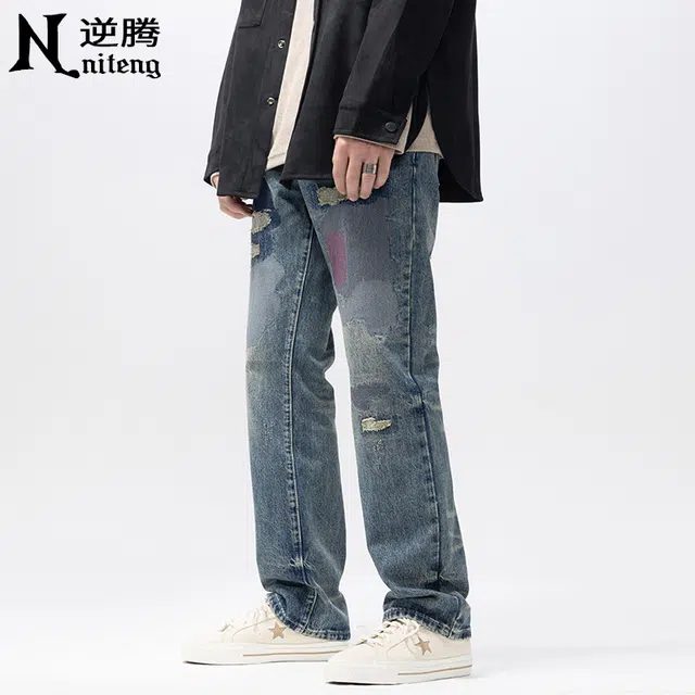 逆腾 潮牌破洞口袋高街风直筒宽松中腰补丁直筒复古牛仔裤 男款 蓝色