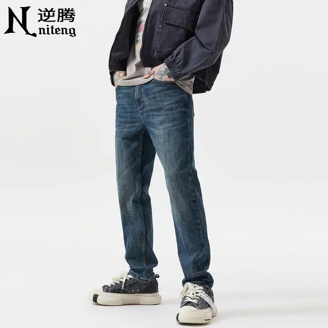 逆腾 秋季莱赛尔蓝色裤子男弹力小直筒男士复古百搭修身小脚牛仔裤 男女同款