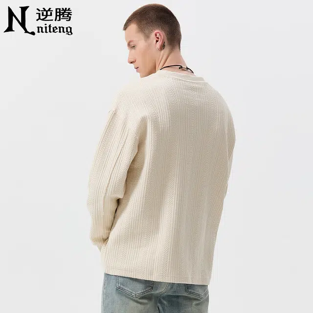 逆腾 秋季圆领高级感长袖上衣男提花宽松毛衣打底衫男士慵懒风针织衫 男女同款