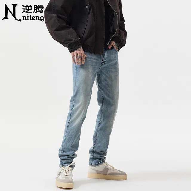 逆腾 逆腾裤男美式修身直筒裤子男士潮牌高街复古水洗小脚牛仔裤 男款