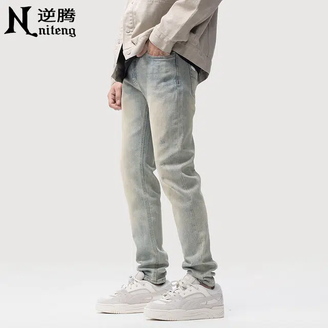 逆腾 潮牌复古修身直筒小脚牛仔裤 男款