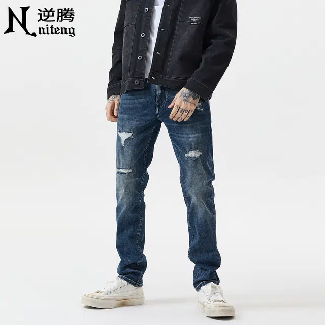 逆腾 秋季长裤子男潮牌美式破洞补丁男士高街修身直筒小脚牛仔裤 男款